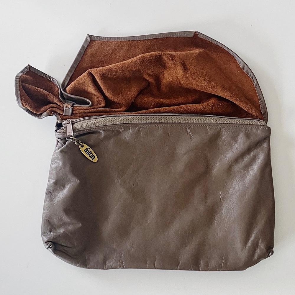 taupe brown leather foldover clutch - pleated knot bow detail handbag - Picture 3 of 8